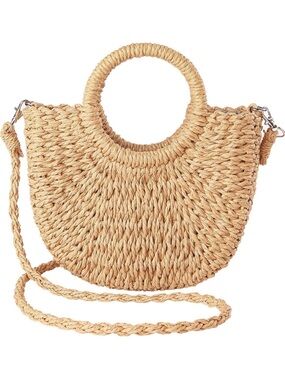 WOVEN STRAW BAG with round top handles and a detachable braided strap. Brand New